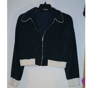 Kids Dark Green Corduroy Cropped Bomber Jacket Zip Up Cream Trim Varsity Style